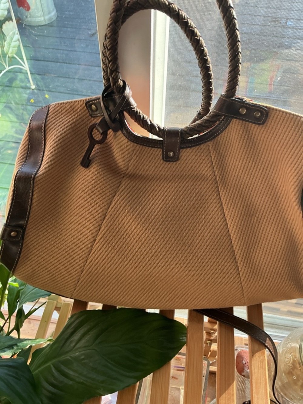 Fossil Genuine Classic 1954 Key Oasis Brown Straw & Leather Satchel Shoulder Bag